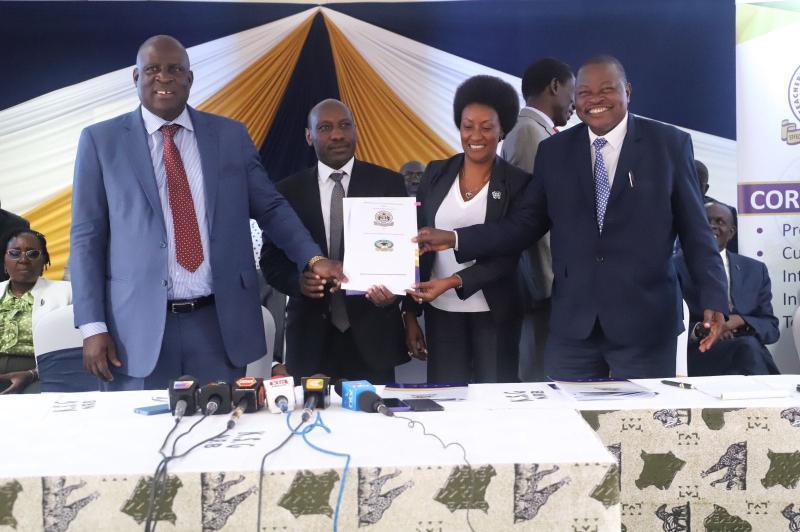 File image of TSC boss Nancy Macharia with Amboko Milemba and Akello Misori.